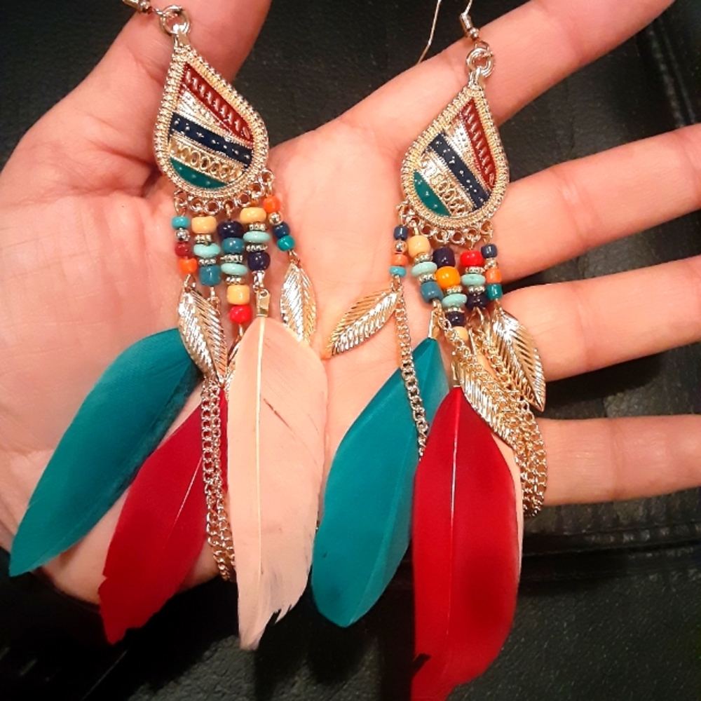 Vintage feather long tassel/ Native American earrings style. Blue, Red, Pink